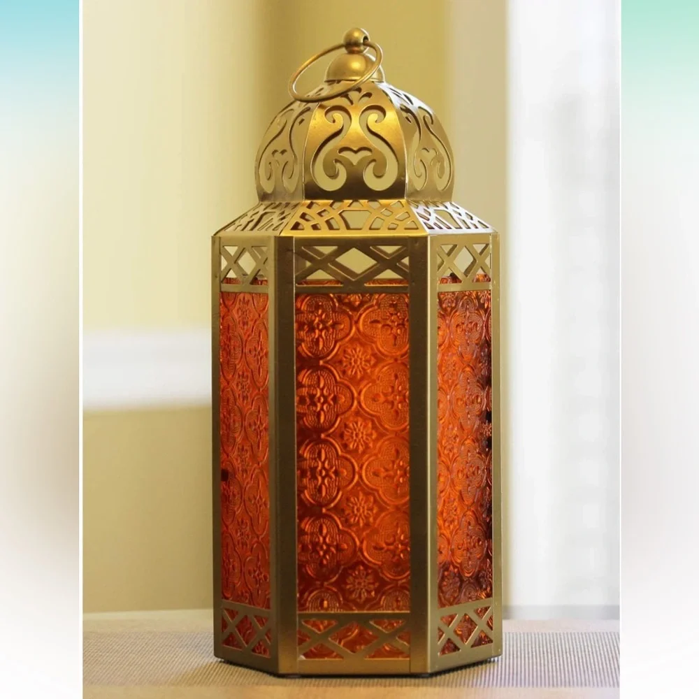 Lanterns Metal Moroccan Decorative Candle Holder. Gold, Amber Glass, Large